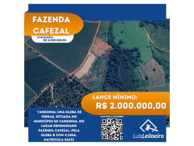LOTE 001 - Uma gleba de terras, situada no município de Varginha, no lugar denominado FAZENDA CAFEZAL, pela Gleba B com 4,14ha. Matricula 46233