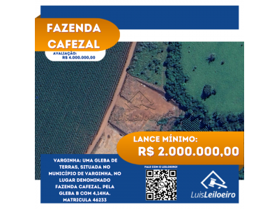 LOTE 001 - Uma gleba de terras, situada no município de Varginha, no lugar denominado FAZENDA CAFEZAL, pela Gleba B com 4,14ha. Matricula 46233