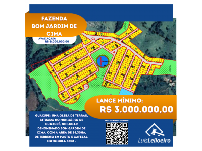 LOTE 000 - Guaxupé: Uma gleba de terras, situada no município de Guaxupé, no lugar denominado BOM JARDIM DE CIMA, com a área de 24,30ha, de terreno em pasto e cafezal. Matricula 8708
